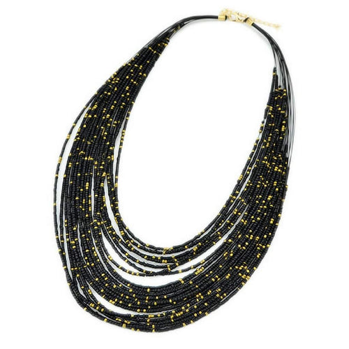 Black and Gold Seed Bead Layered Necklace-Beaded Necklaces,Black,Layered Necklaces