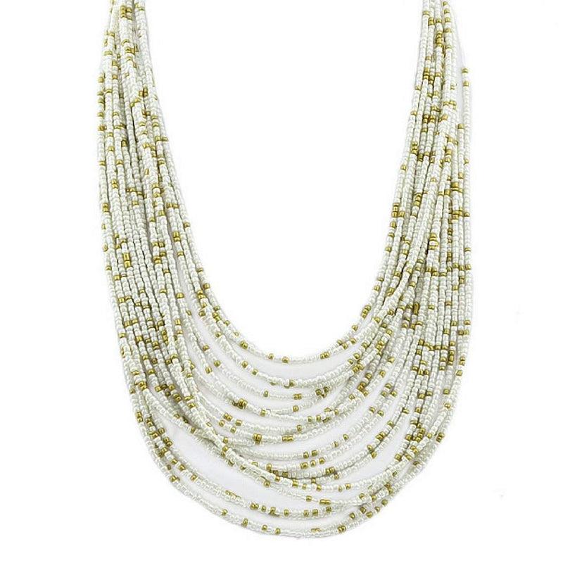 White and Gold Seed Bead Layered Necklace-Beaded Necklaces,Layered Necklaces,White