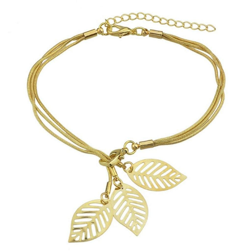 Gold Snake Chain Bracelet with Gold Charm Leaves-Gold Bracelets