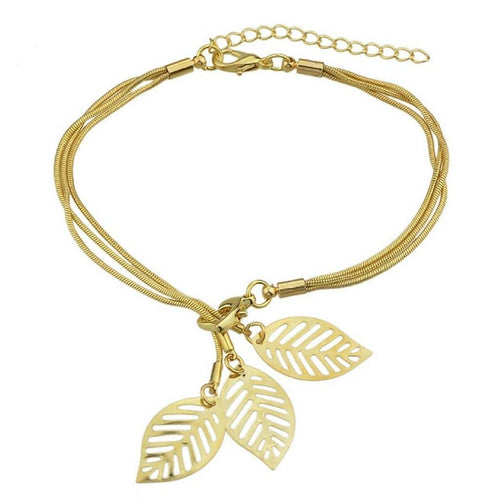 Gold Snake Chain Bracelet with Gold Charm Leaves-Gold Bracelets