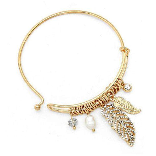 Gold and Crystal Leaf Bangle Bracelet-Bangle Bracelets,Gold Bracelets