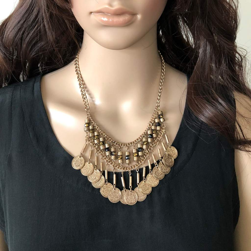 Gold Coin Boho Beaded Fringe Necklace-JaeBee.