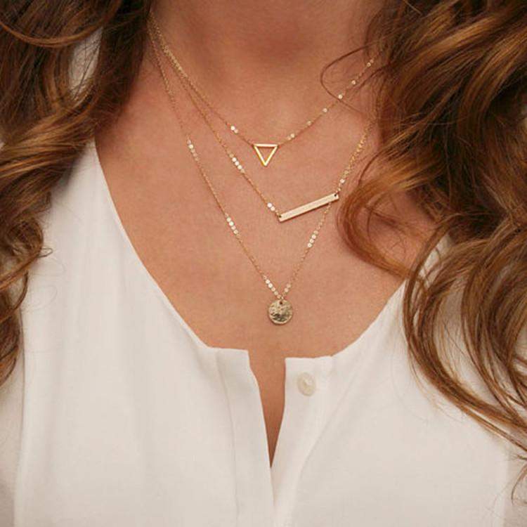 Gold Layered Triangle, Bar, and Disc Necklace-Gold Necklaces,Layered Necklaces