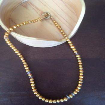 Gold Freshwater Pearl Necklace with Swarovski Crystals-Gold Necklaces,Pearls