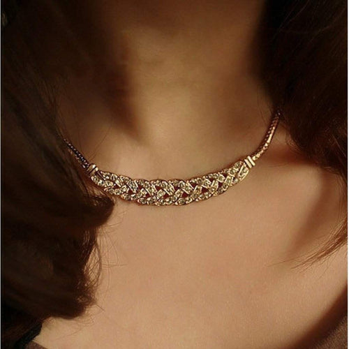 Gold and Crystal Braided Collar Necklace-Gold Necklaces