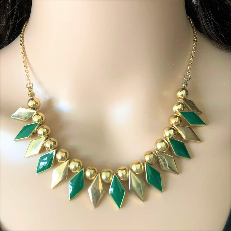 Green and Gold Diamond Necklace-Beaded Necklaces, Gold Necklaces, Green, Statement.