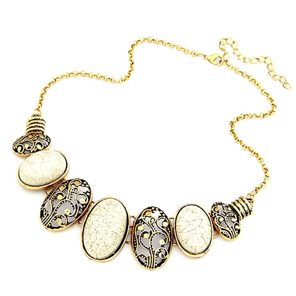 Cream and Gold Oval Link Collar Necklace-Gold Necklaces,Statement