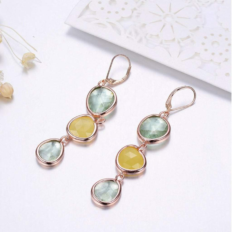 Green Triple Stone Dangle Earrings-Dangle Earrings,Gold Earrings,Green