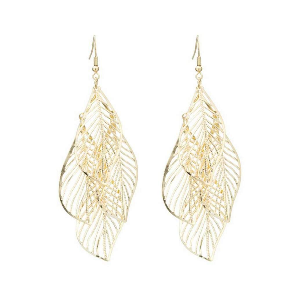 Gold Cut Out Leaf Long Dangle Earrings-Gold Earrings
