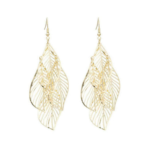 Gold Cut Out Leaf Long Dangle Earrings-Gold Earrings