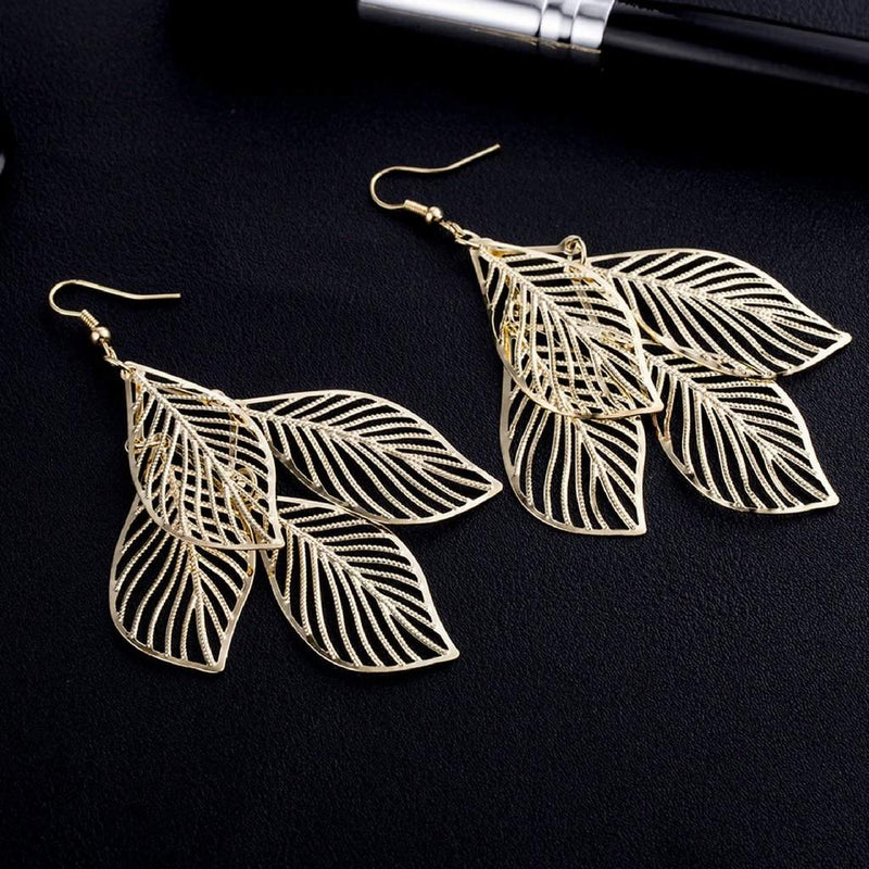 Gold Cut Out Leaf Long Dangle Earrings-Gold Earrings