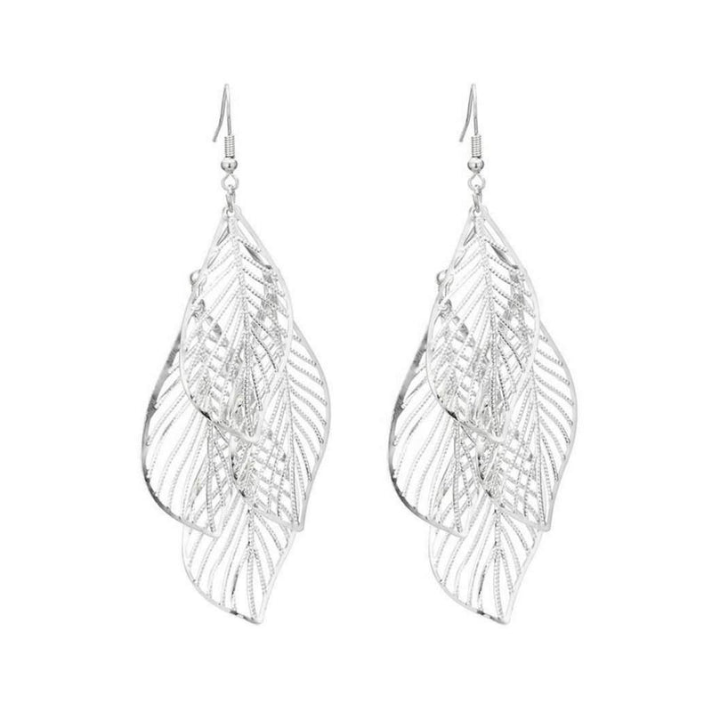 Silver Cut Out Leaf Long Dangle Earrings-Silver Earrings