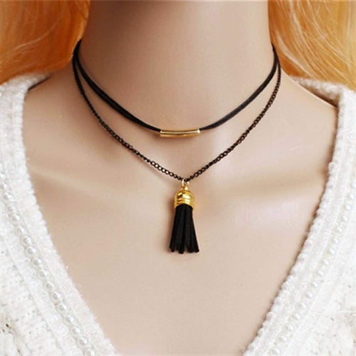 Layered Black Leather and Chain Choker with Tassel-Chokers,Layered Necklaces,Tassel Necklaces