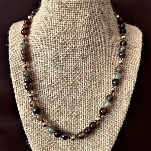 Brown Line Agate and Gold Bead Mens Necklace-Beaded Necklaces,Brown,mens