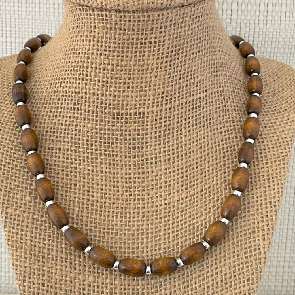 Brown Wood Barrel and Silver Beaded Mens Necklace