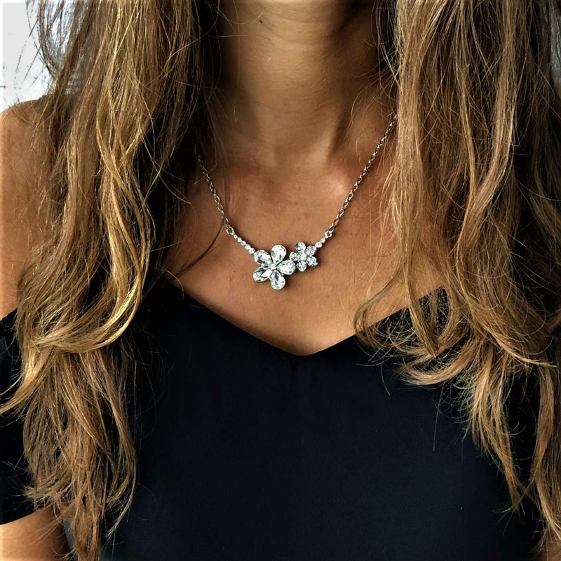 Double Silver Crystal Flower Link Necklace-Silver Necklaces