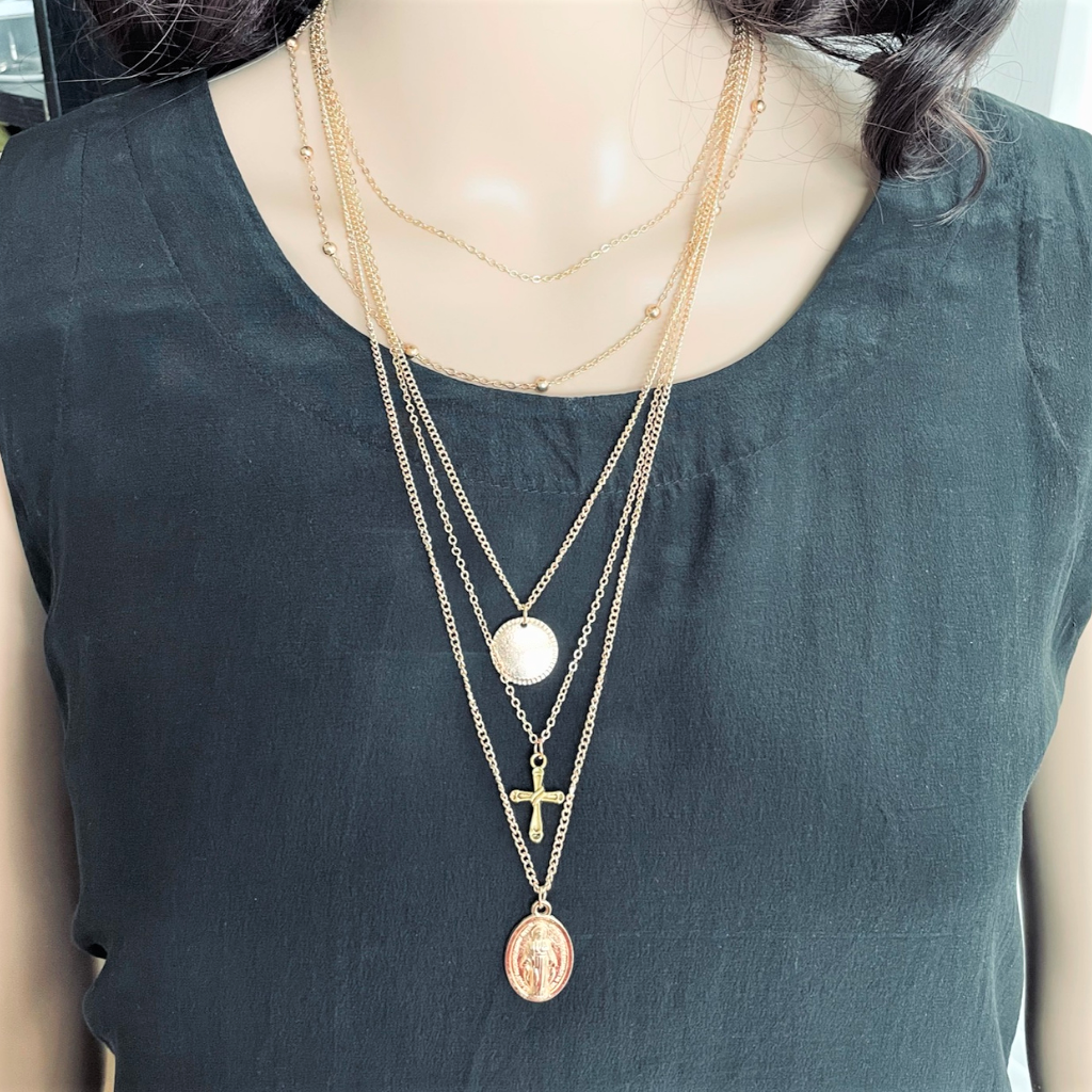 Gold Religious Cross Multi Layered Necklace