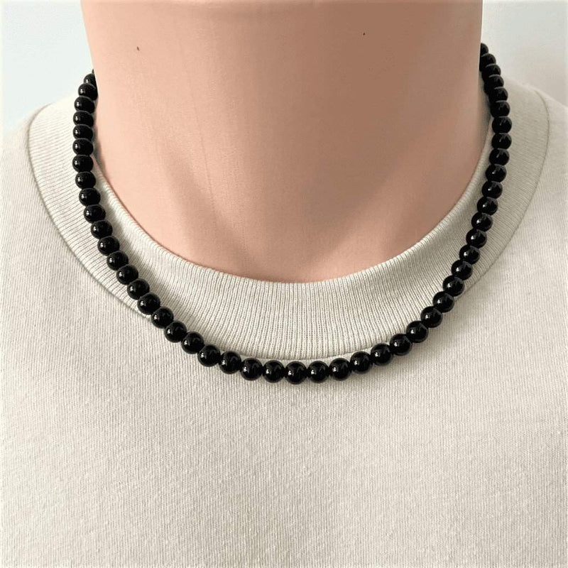 Mens Black Onyx Beaded Long and Short 6mm Necklaces-Beaded Necklaces,Black,Black Onyx,mens