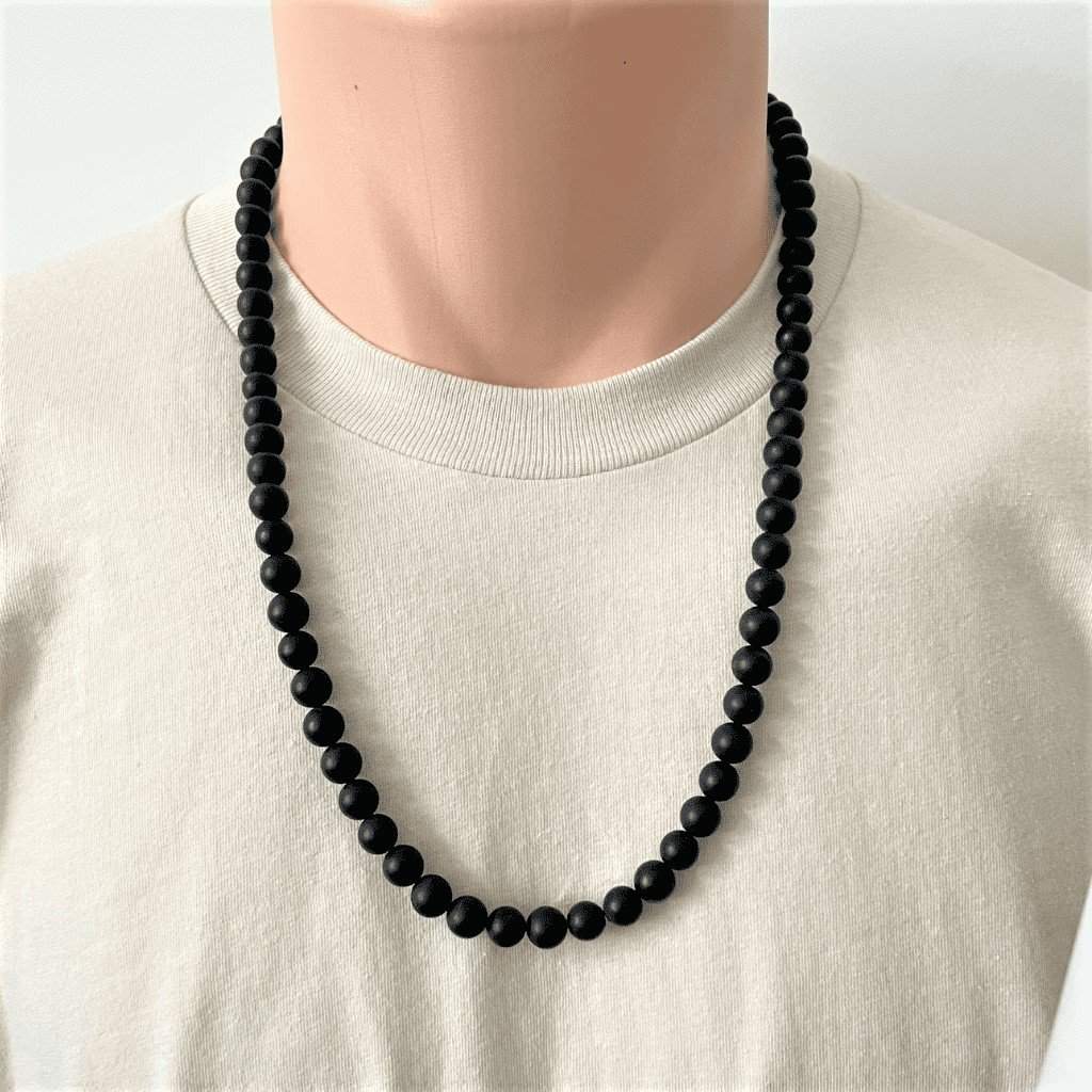 Mens Black Onyx Matte Beaded Necklace Long and Short-Beaded Necklaces,Black,Black Onyx,mens