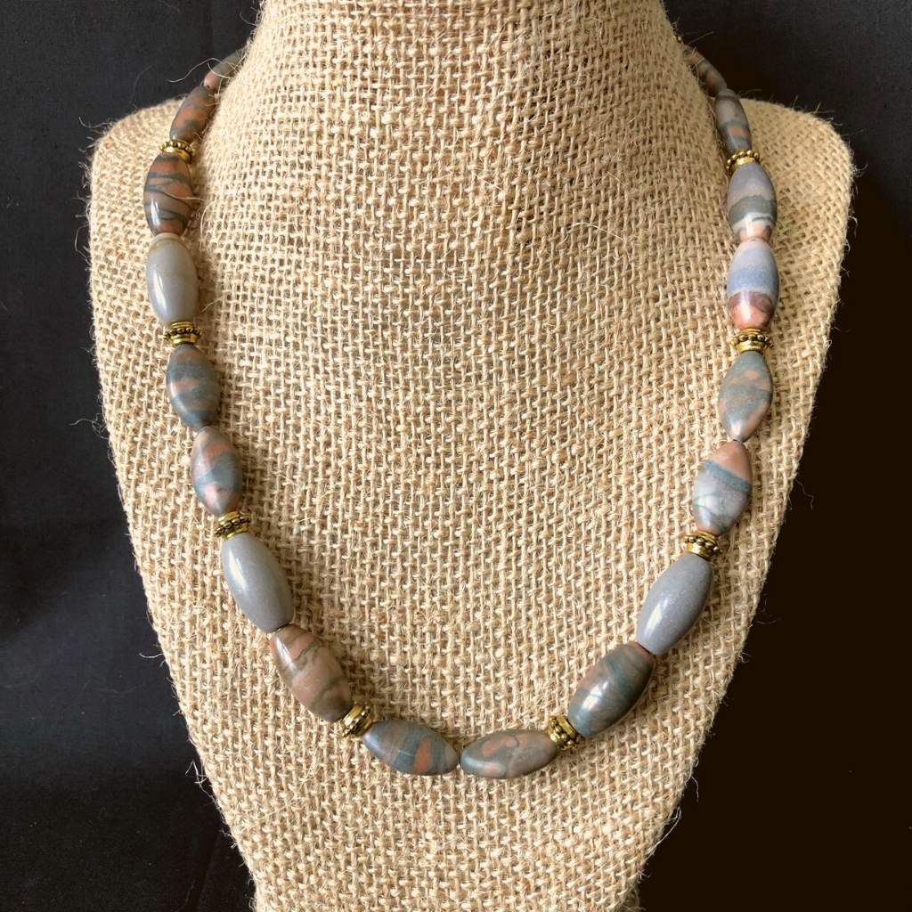 Mens Grey and Brown Stone Beaded Necklace-Beaded Necklaces,Gray,mens