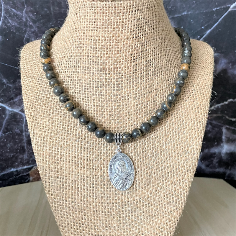 Mens Rhyolite and Saint Teresa Beaded Necklace 22", 24"