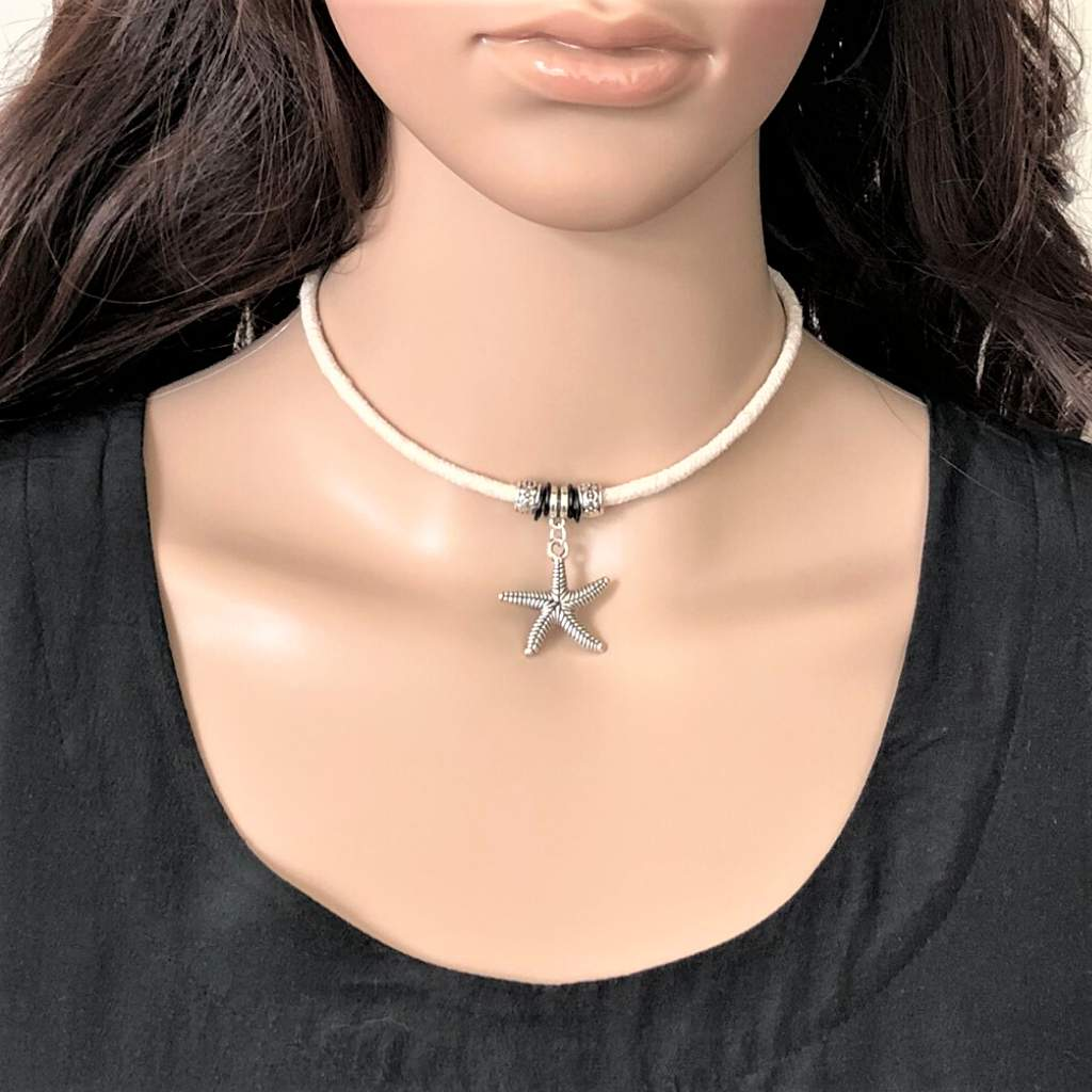 Silver Starfish Choker Necklace-Silver Necklaces,White