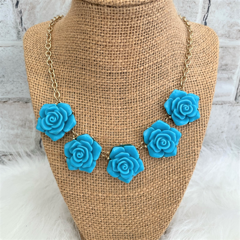 Turquoise Rose Flower Statement Necklace