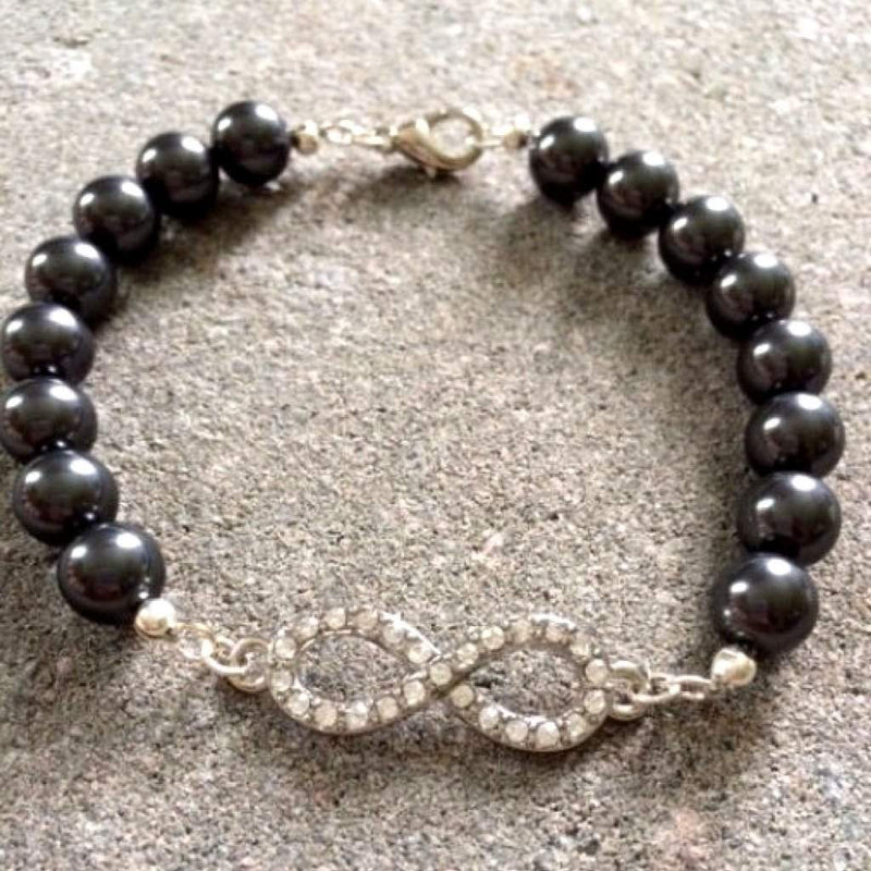 Black Swarovski Pearl Beaded Infinity Charm Bracelet-Beaded Bracelets,Black