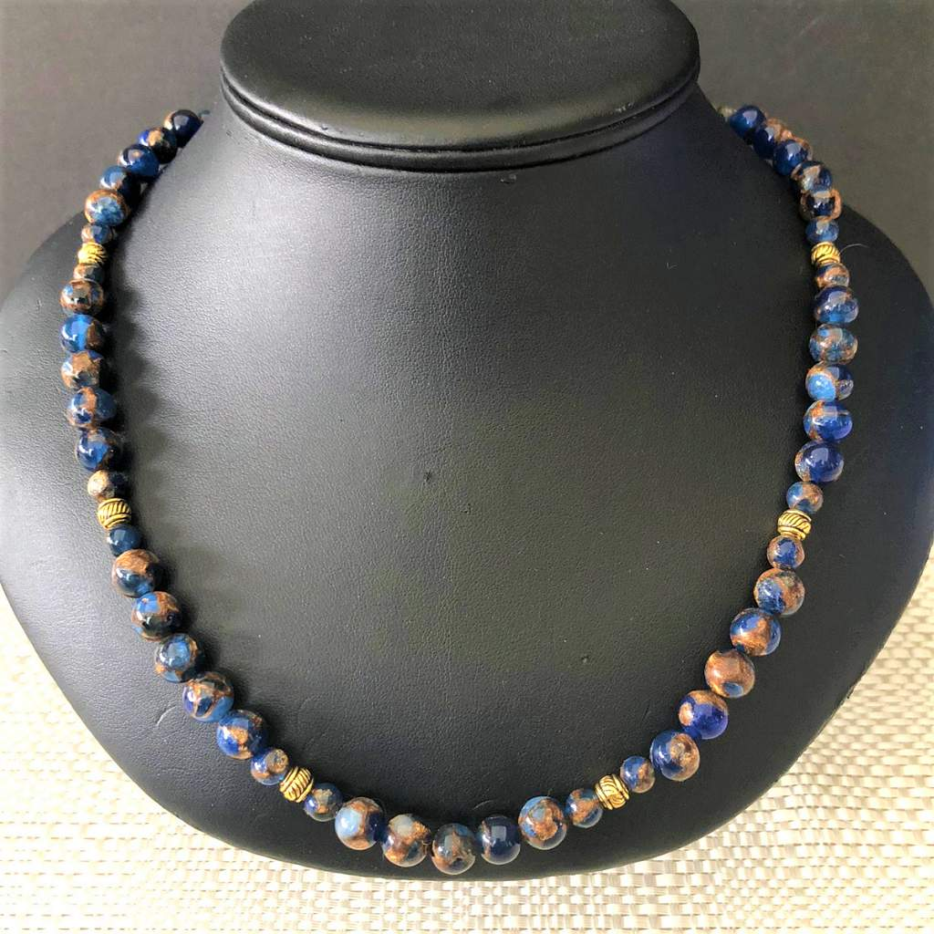 Cobalt Opal With Bronzite Marbled Quartz Beaded Mens Necklace-Beaded Necklaces,Blue,mens,Necklaces