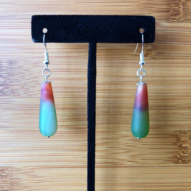 Matte Green and Red Harvest Long Teardrop Agate Earrings-Dangle Earrings,Green,Red