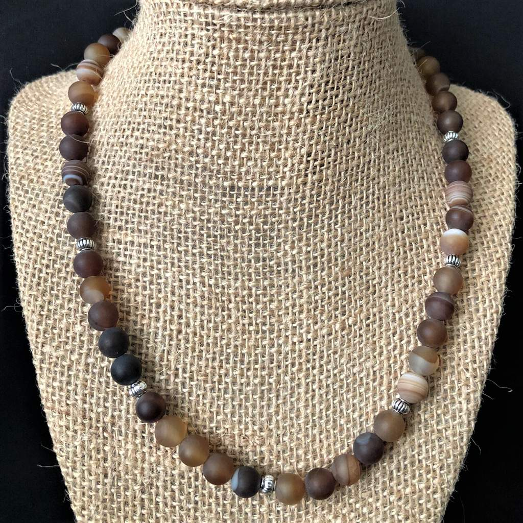 Mens Matte Brown Agate with Silver Beads Necklace-Agate,Beaded Necklaces,Brown
