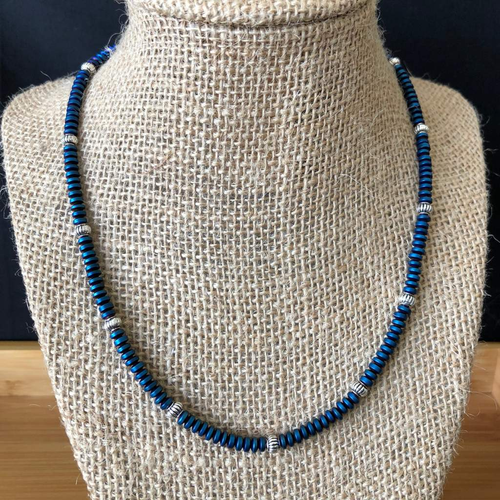 Metallic Blue Cosmos Hematite Matte Rondelle Mens Necklace-Beaded Necklaces,Blue,mens