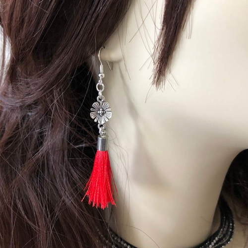Antique Silver Flower with Red Tassel Dangle Earrings-Dangle Earrings,Flower,Red,Silver Earrings,Tassel Earrings