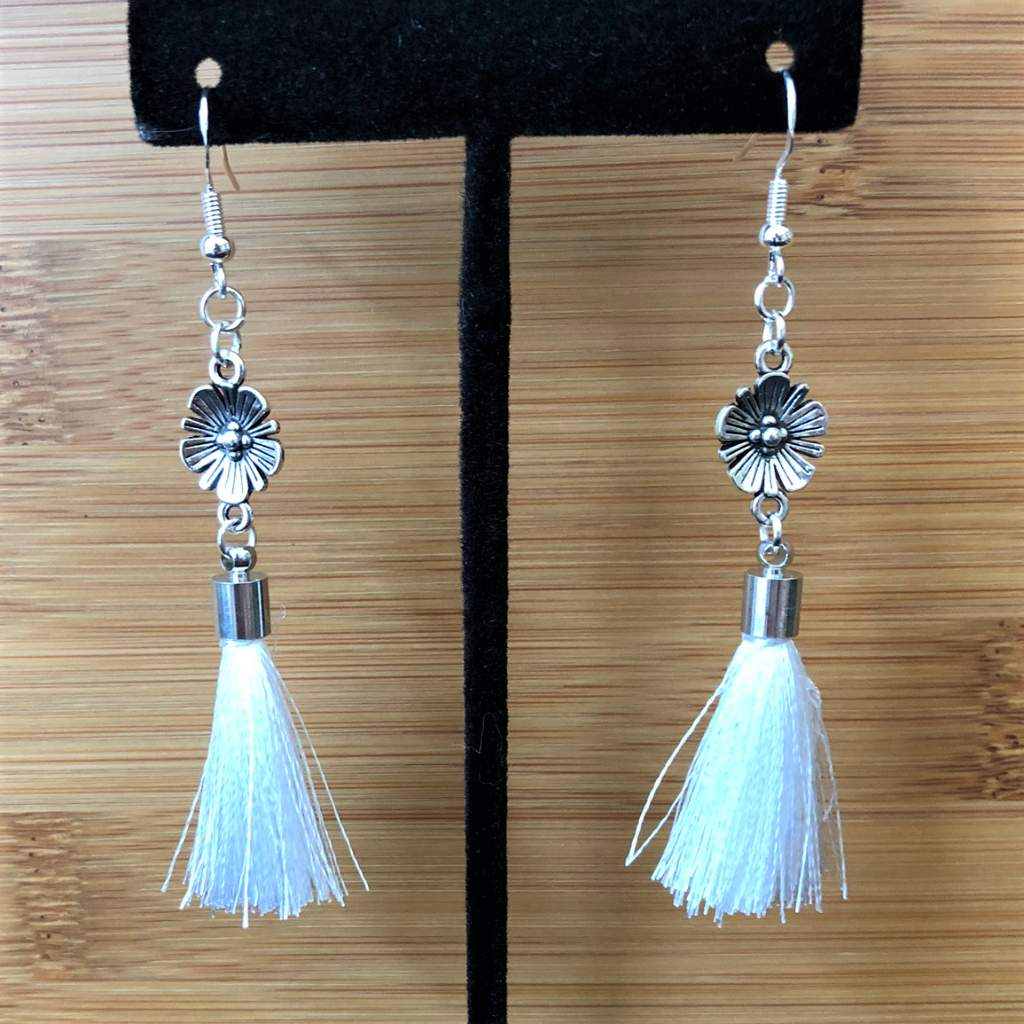Antique Silver Flower with White Tassel Dangle Earrings-Dangle Earrings,Silver Earrings,Tassel Earrings