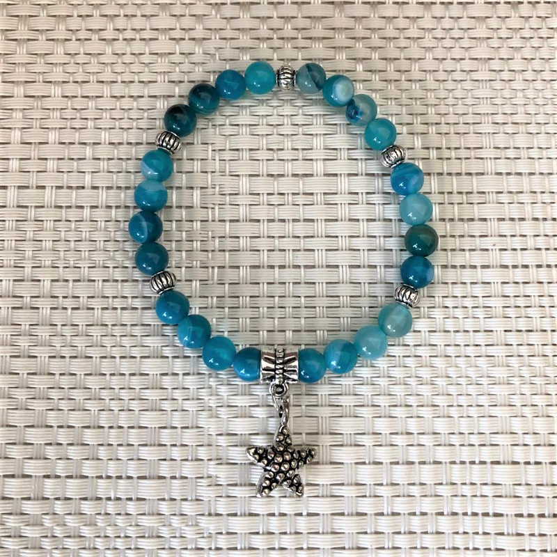 Sky Blue Fire Agate Beaded Bracelet with Silver Starfish Charm-Beaded Bracelets,Blue,Stacked