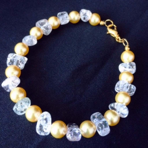 Swarovski Gold Pearl and Clear Quartz Bracelet-Beaded Bracelets,Gold Bracelets,Pearls