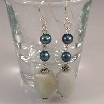 Amazonite and Blue Potato Pearls Dangle Earrings-Dangle Earrings,Pearls,Sterling Silver Earrings