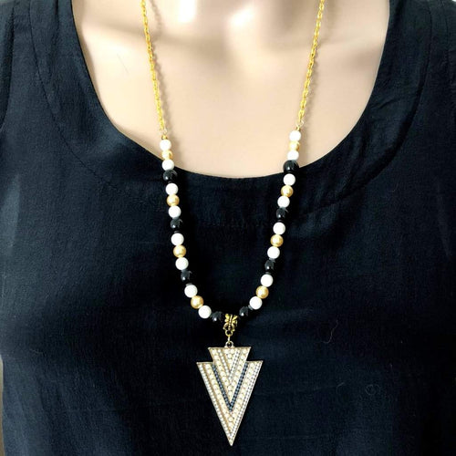 Beige Arrowhead Pendant Beaded Long Necklace-Beaded Necklaces,Gold,Gold Necklaces,Long Necklaces