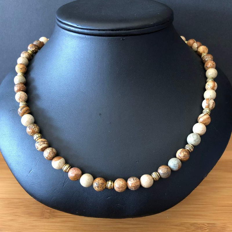 Mens Picture Jasper and Gold Beaded Necklace-Beaded Necklaces,Brown,mens
