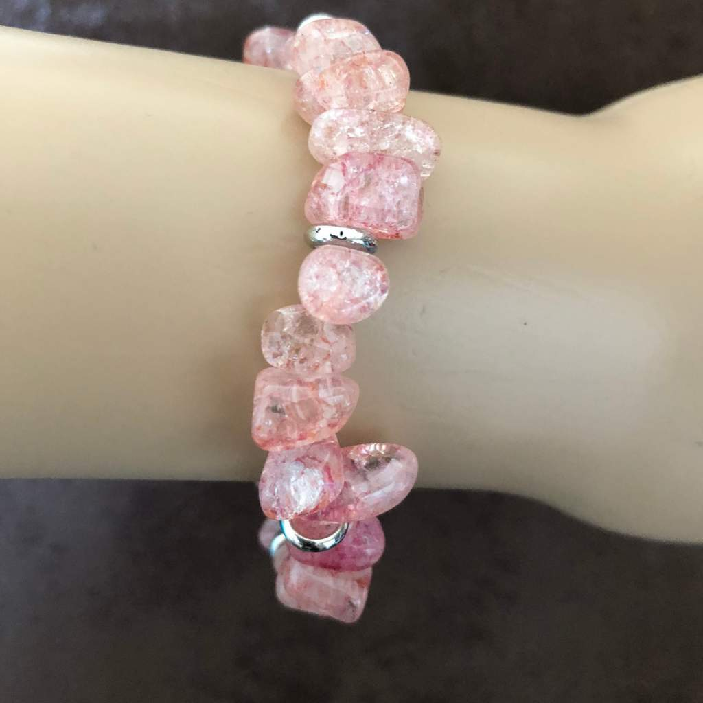 Berry Pink Quartz Ice Crystal and Silver Bracelet-Beaded Bracelets,Pink,Stacked