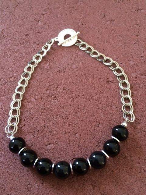 Black Agate and Silver Chain Necklace-Beaded Necklaces,Silver Necklaces