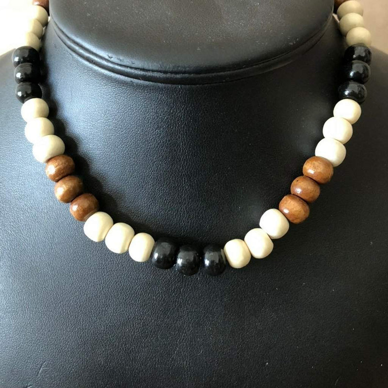 Black Off White and Brown Wood Beaded Mens Necklace-Beaded Necklaces,Brown,Wood
