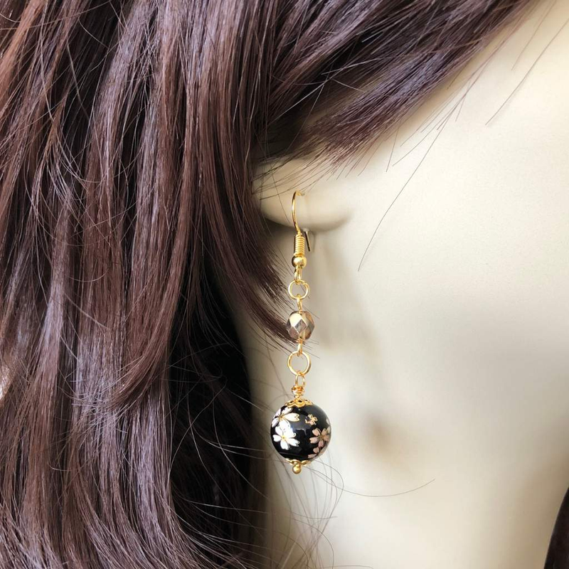 Black Glass Beaded Flower Dangle Earrings-Black,Dangle Earrings,Gold Earrings