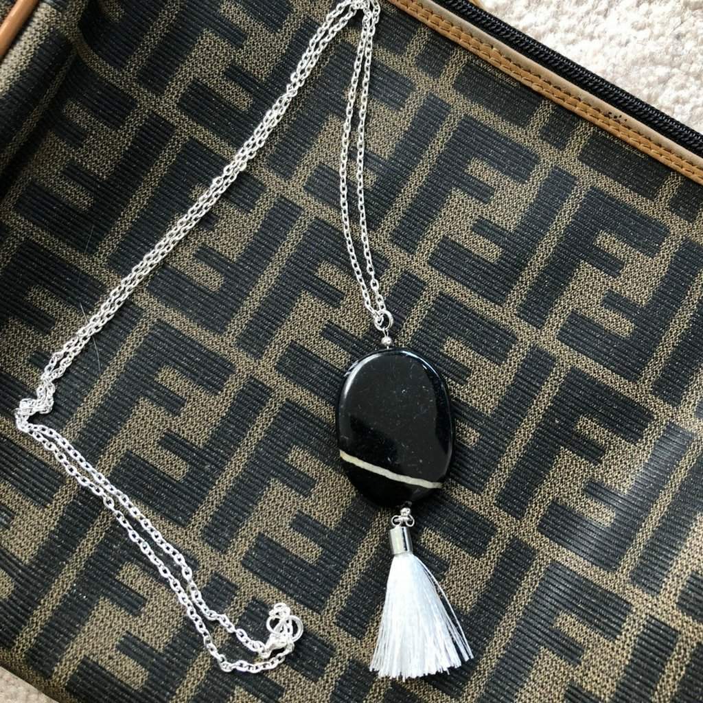 Long Black and White Marble Stone Necklace with White Tassel-Black,Long Necklaces,Silver Necklaces,Tassel Necklaces