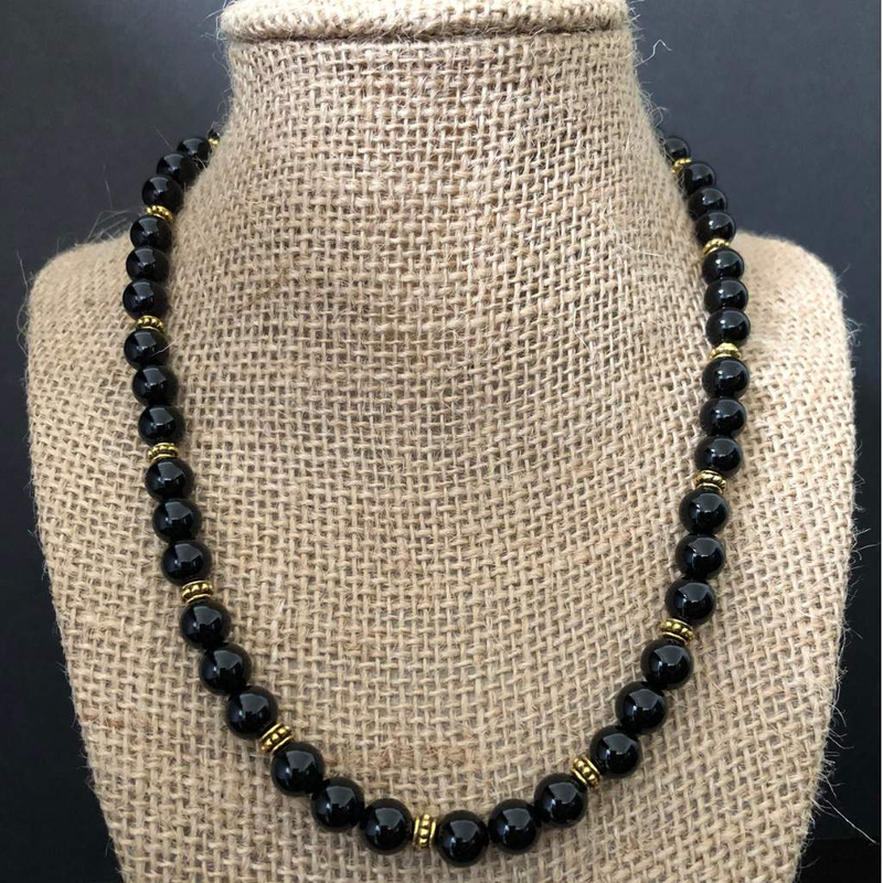 Men's Black Onyx and Gold Beaded Necklace-Beaded Necklaces,Black,Black Onyx,Mens