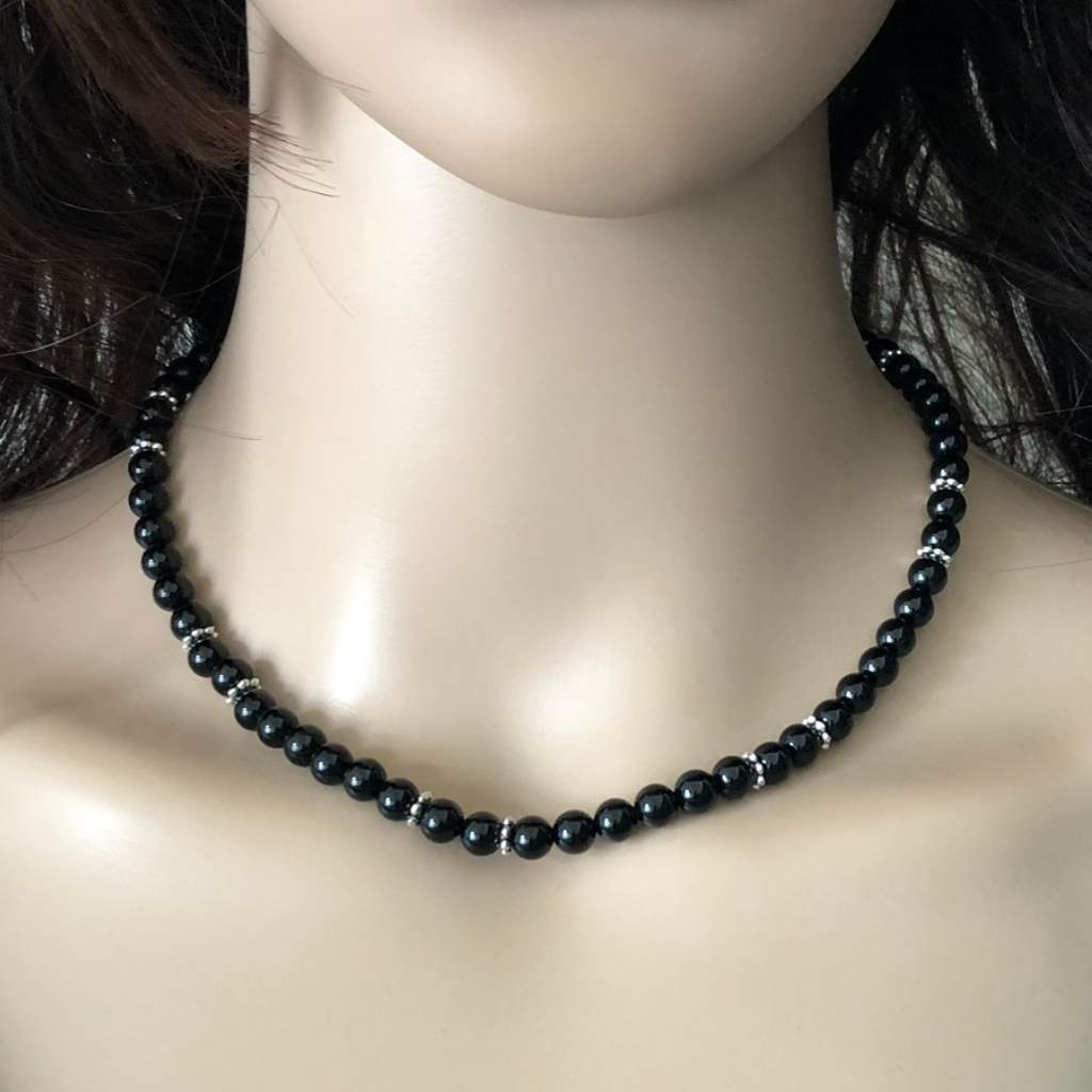 Black Onyx 6mm Beaded Necklace With Silver Daisy Spacers-Beaded Necklaces,Black,Black Onyx