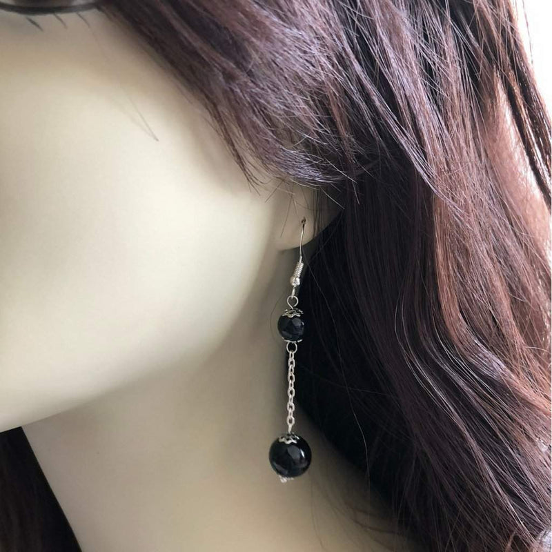 Black Onyx Double Bead Long Earrings-Black Onyx,Dangle Earrings,Silver Earrings