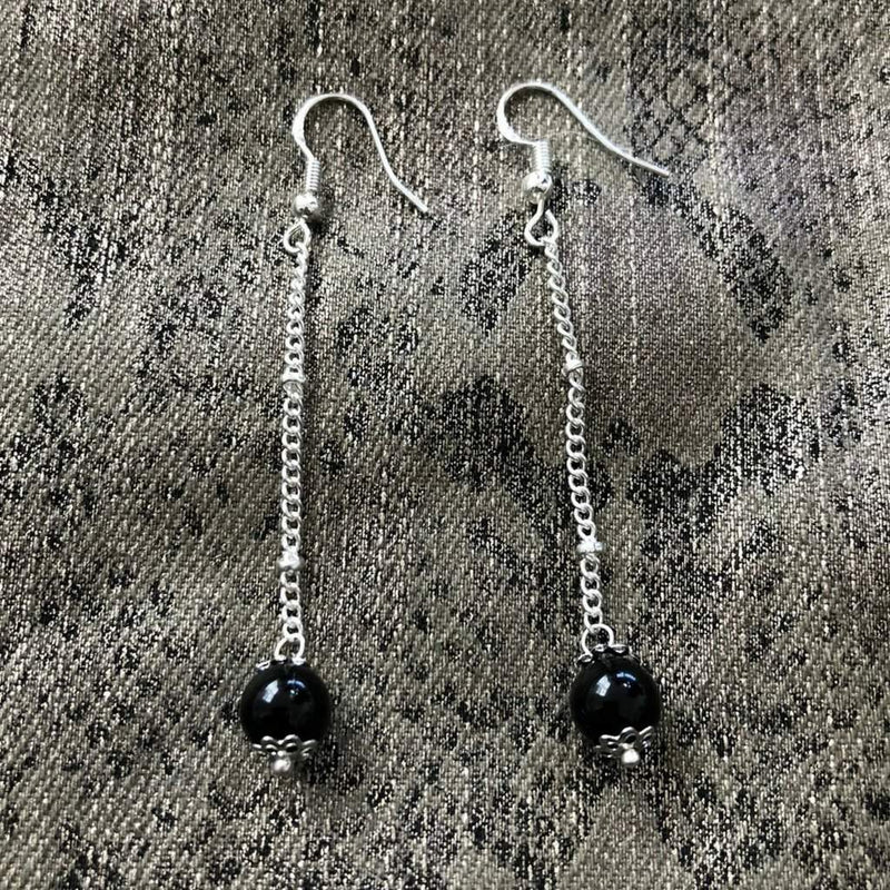 Black Onyx Long Dangle Earrings-Black Onyx,Dangle Earrings,Silver Earrings