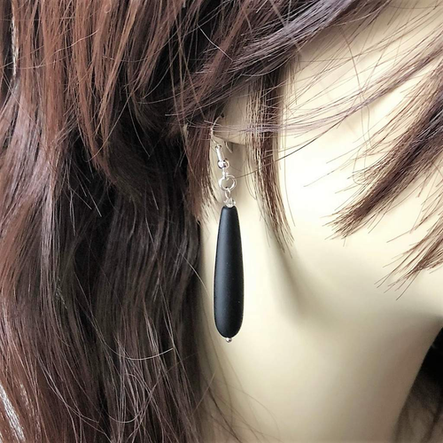 Matte Black Onyx Long Teardrop Earrings-Black Onyx,Dangle Earrings
