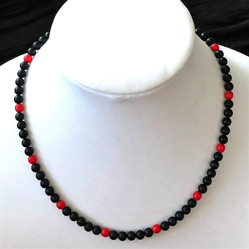 Black Matte Onyx and Red Beaded Mens Necklace-Beaded Necklaces,Black,Black Onyx